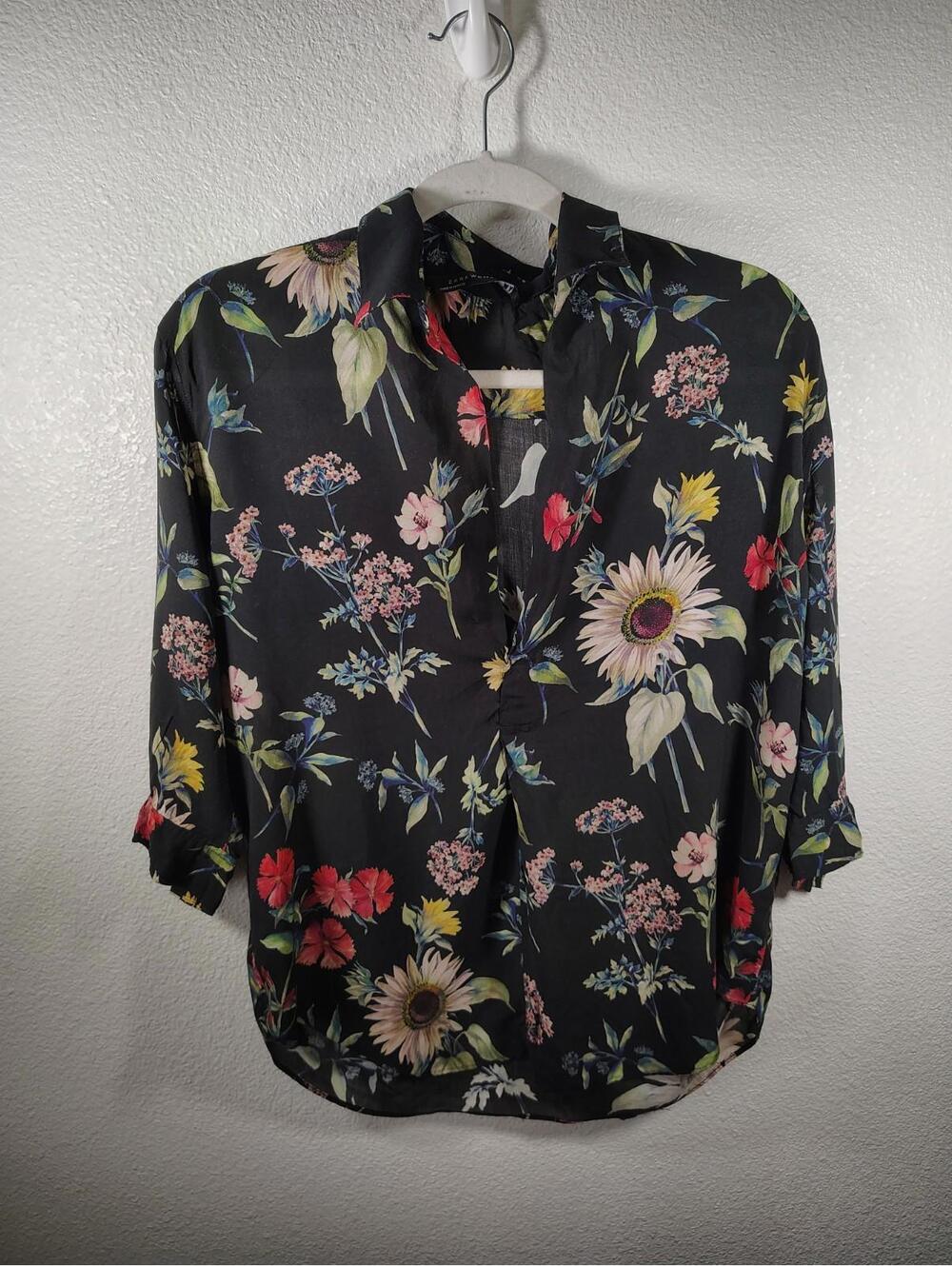ZARA BLOUSE TUNIC BLACK FLORAL MULTICOLORED 3/4 SLEEVES femi - Picture 2 of 8